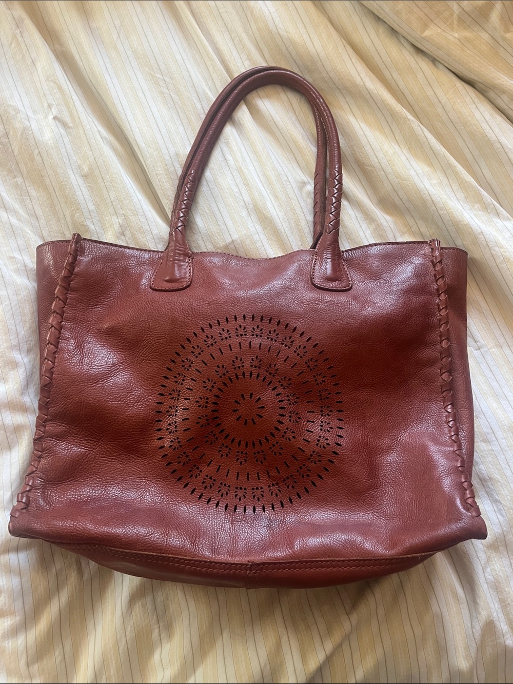 Women's Leather Tote Bag with Decorative Perforation